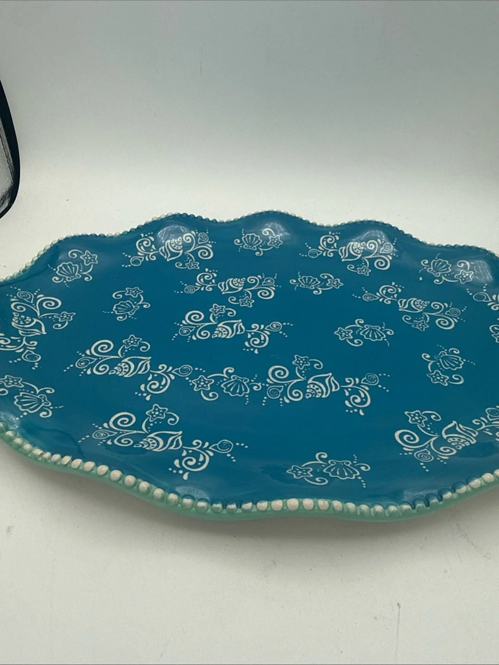 Temptations Blue Floral Lace Scalloped Edged serving platter  Tray 14x10”